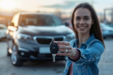 A happy person holding keys in front of a beautiful new car.