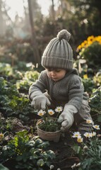 A young boy in a gray sweater and gray gloves picking flowers. Generative AI.