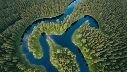 Aerial top view of country road in green summer forest and blue lake rural landscape in finland drone photography From Above