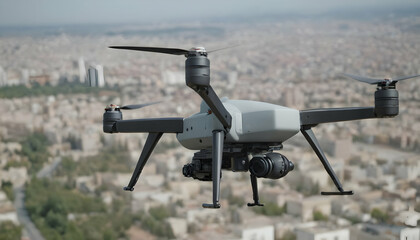 Military unmanned aerial vehicle uav patrolling the area above the city
