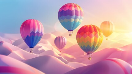 rainbow colours balloon race illustration. balloons take off in the valley, gradient, close-up - obrazy, fototapety, plakaty