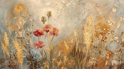 Artistic abstraction with golden plants, flowers, and grains. Oil painting. Botanical wall art.