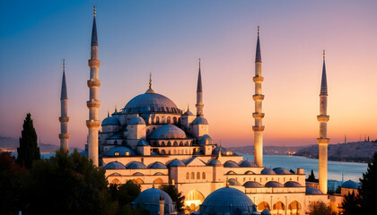 Fototapeta na wymiar The sultanahmet mosque blue mosque in istanbul turkey at sunset