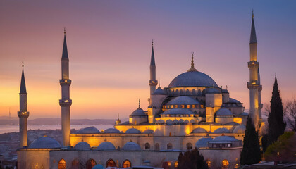 The sultanahmet mosque blue mosque in istanbul turkey at sunset - obrazy, fototapety, plakaty