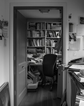 A black and white photo of a room with a lot of books. Generative AI.