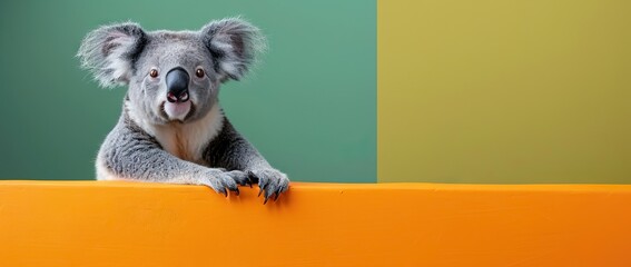 3d realistic koala sitting on the edge of an orange rectangle, green background. AI generated illustration