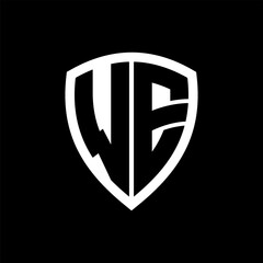 WE monogram logo with bold letters shield shape with black and white color design