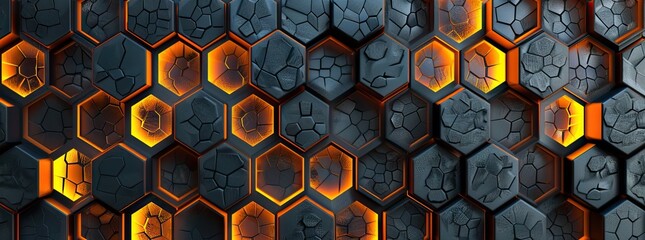 Abstract black hexagon pattern on neon gradient orange background technology style. Honeycomb. AI generated illustration - obrazy, fototapety, plakaty