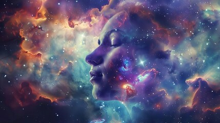 Celestial woman's face among swirling galaxies and nebulae. Space art digital painting. Cosmic beauty concept - obrazy, fototapety, plakaty