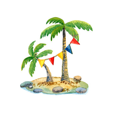 Sea island with palm trees and coconuts decorated with flags.