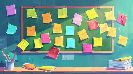 Colorful sticky notes on a large bulletin board, brainstorming and project planning concept, digital illustration