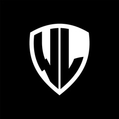 WL monogram logo with bold letters shield shape with black and white color design