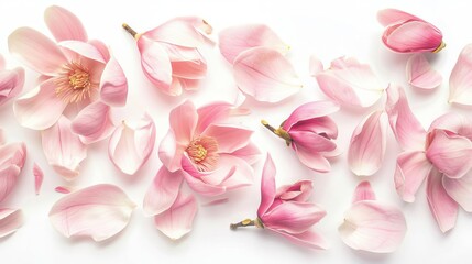 Fototapeta na wymiar Delicate Magnolia Blooms Petals Top View Isolated on White, High-Quality Photo