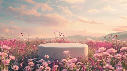 Elegant product display podium in a dreamy flower field, soft morning light, photorealistic wide angle digital art - obrazy, fototapety, plakaty