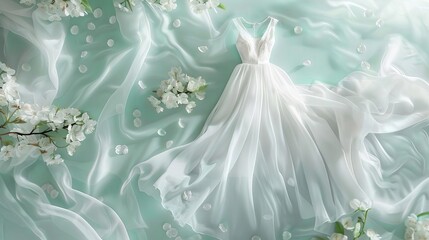 Elegant White Dress Floating with Petals and Flowers, Fabric Softener Fragrance Concept Photo