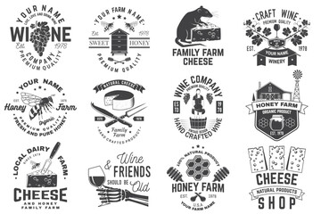 Set of wine company, cheese family, honey bee farm badge design. Template for logo, branding design with block cheese, glass of wine, bottle, milk farm. Vector illustration. Hand crafted product - 765922194