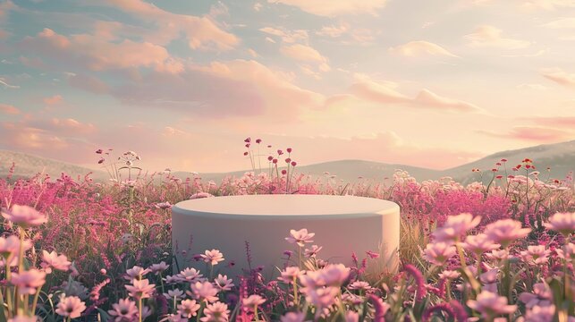 Elegant product display podium in a dreamy flower field, soft morning light, photorealistic wide angle digital art