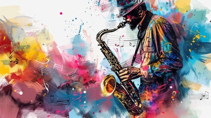 Expressionistic Portrait of a Musician Playing Saxophone, with Colorful Paint Splatters and Music Notes - Mixed Media Illustration - obrazy, fototapety, plakaty