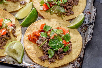 Close-Up 4K Ultra HD Image of Corn Tostada with Beef and Tomato - Stock Photography