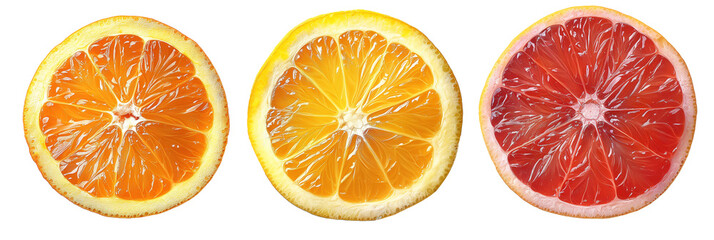 Close-up Image of Citrus Fruits Cut in Half, Featuring Orange, Lemon, and Grapefruit, Displayed on a Clean White Background