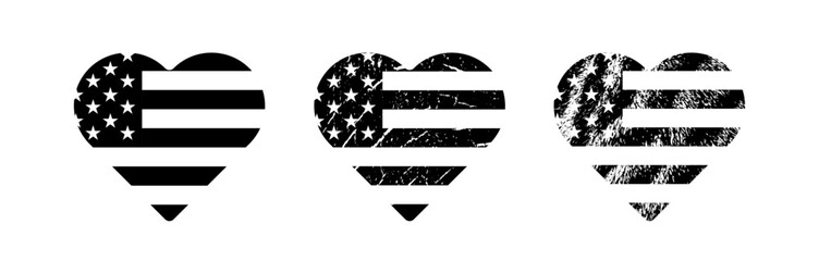 Retro grunge texture style heart shape american flag set vector illustration in black. Usa freedom flag to use in 4th july independence day, usa election, memorial day projects.
 - obrazy, fototapety, plakaty