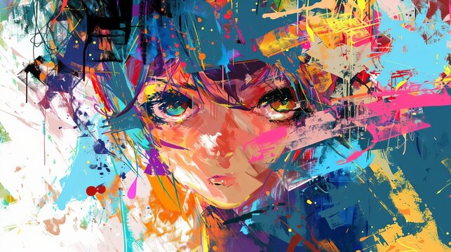 Expressive anime-inspired oil painting with bold brushstrokes, vibrant colors and abstract elements. Digital Painting