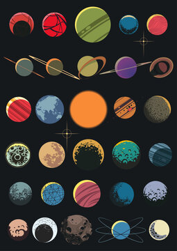Planets Drawing Collection. Sun, Mercury, Venus, Earth, Mars, Jupiter, Saturn, Uranus, Neptune, Pluto, Asteroid, Moon, Craters, Fantastic Celestial Bodies