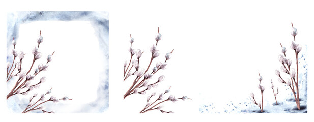 Watercolor flowering branches with pussy willow trees on watercolor stains background greeting card set template Hand drawn Illustration. Catholic, Orthodox Easter Palm Sunday spring clipart. Isolated