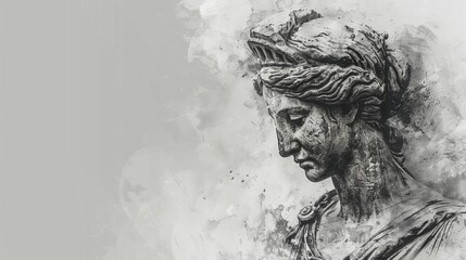 Greek goddess sculpture, muse head in contemplative pose. Charcoal sketch. Mythological art. - obrazy, fototapety, plakaty