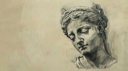 Greek goddess sculpture, muse head in contemplative pose. Charcoal sketch. Mythological art
