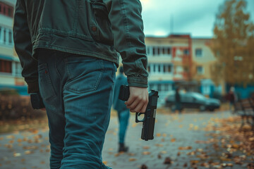 The man walking with a gun in hand on the background of the high school, school shootings concept, school violence - obrazy, fototapety, plakaty