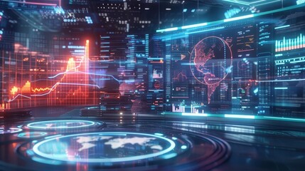 Isometric Infographic Elements and Charts Floating in a Futuristic Virtual Reality Space - 3D Rendering