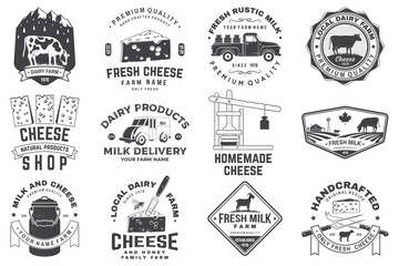 Cheese family farm and rustic milk badge design. Design with block cheese, sheep, fork, knife, milk, cow, cheese press. Vector. Template for cheese and milk farm business - shop, market, packaging - 765922705