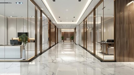 Luxurious White and Wooden Office Corridor Leading to CEO Office, 3D Rendering