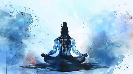 Maha Shivratri Greeting Card with Lord Shiva Silhouette Meditating, Watercolor Illustration