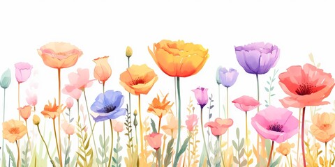 bright, blooming poppies and other flowers arranged in an endless horizontal line on a white background.
Concept: spring promotions and events, for the design of greeting cards