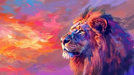 Naklejka premium Majestic lion against a vibrant sunset sky. Digital painting. Wildlife art