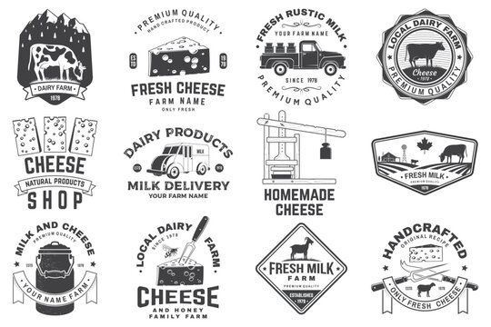 Cheese family farm and rustic milk badge design. Design with block cheese, sheep, fork, knife, milk, cow, cheese press. Vector. Template for cheese and milk farm business - shop, market, packaging
