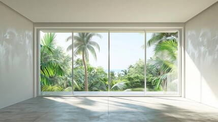 Minimalist Modern Home Empty Living Room Interior with Panoramic Tropical Window View