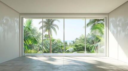 Fototapeta premium Minimalist Modern Home Empty Living Room Interior with Panoramic Tropical Window View