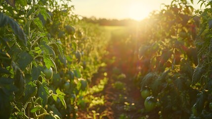 Fototapeta na wymiar organic tomato farm in warm sunlight generative ai