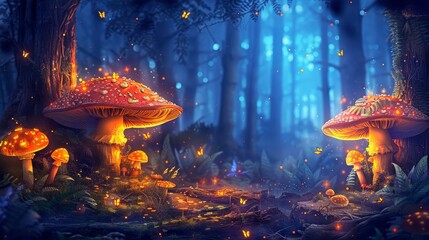 Mystical forest with enchanted glowing mushrooms and fireflies. Digital fantasy art. Fairy tale illustration.