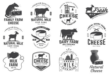 Cheese family farm and rustic milk badge design. Design with block cheese, sheep, fork, knife, milk, cow, cheese press. Vector. Template for cheese and milk farm business - shop, market, packaging - 765922973