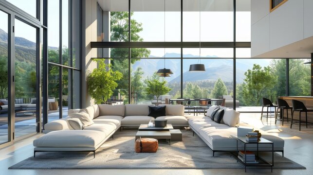 Modern living room interior with panoramic window, relaxing and dining area, contemporary home design, 3d illustration