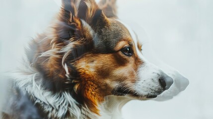 A close-up photo of a corgi dog with its own silhouette. Portrait of a dog shot with a double exposure