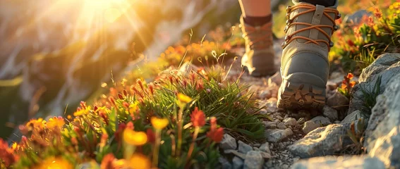 Fotobehang Close up of a female hiker's feet in boots walking on a mountain path with flowers. AI generated illustration © 3D