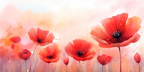 bright, blooming poppies and other flowers arranged in an endless horizontal line on a white background.
Concept: spring promotions and events, for the design of greeting cards