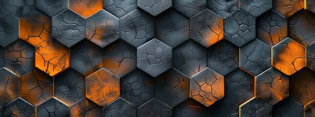 Abstract black hexagon pattern on neon gradient orange background technology style. Honeycomb. AI generated illustration