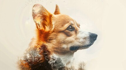 A close-up photo of a corgi dog against a background of forest and nature. Portrait of a dog, a double exposure photograph