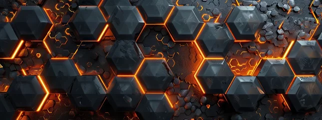 Fotobehang Abstract black hexagon pattern on neon gradient orange background technology style. Honeycomb. AI generated illustration © 3D